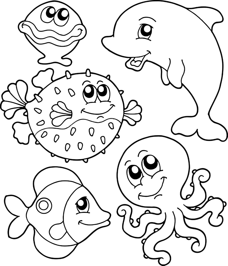 Раскраски для детей морские обитатели. Обитатели воды.       