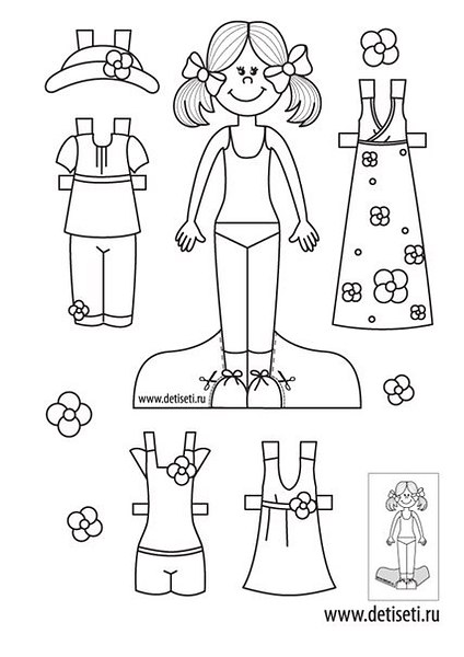 Обучающие раскраски бумажные куклы и их платья. Нужно раскрасить куклу.