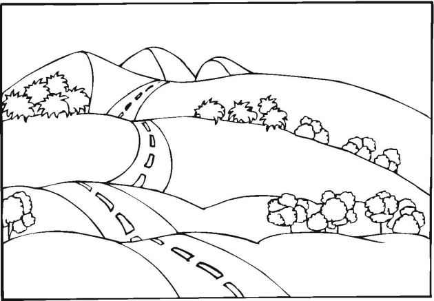 Раскраски для детей горный пейзаж. Горы. Горная река. Пейзаж.