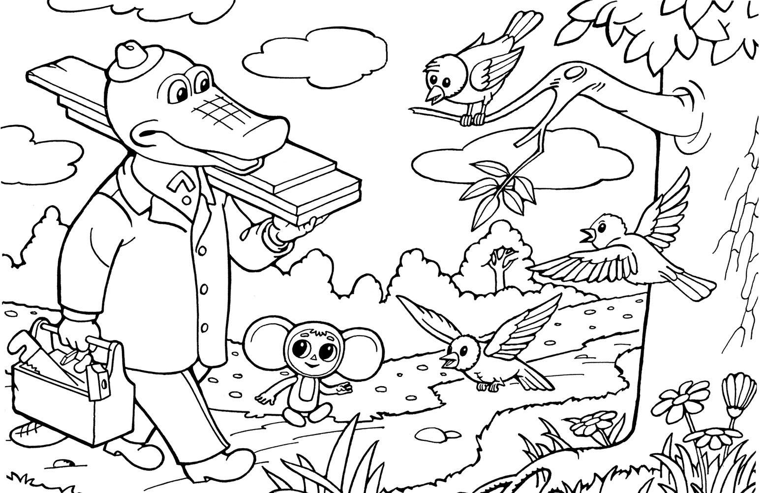 Раскраска для девочек крокодил Гена и чебурашка.             