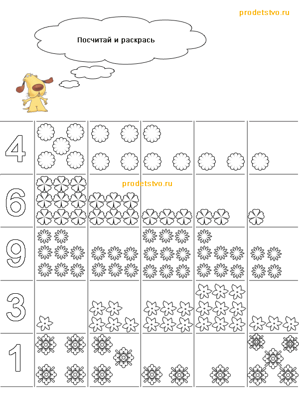 Посчитай и разукрась картинки. Обучающие картинки для детей.  