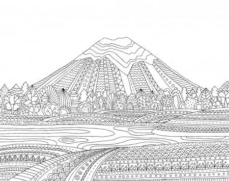 Раскраски для детей горный пейзаж. Горы. Горная река. Пейзаж.