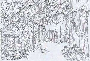 Обучающая раскраска для детей под названием Кто спрятался на картинке?