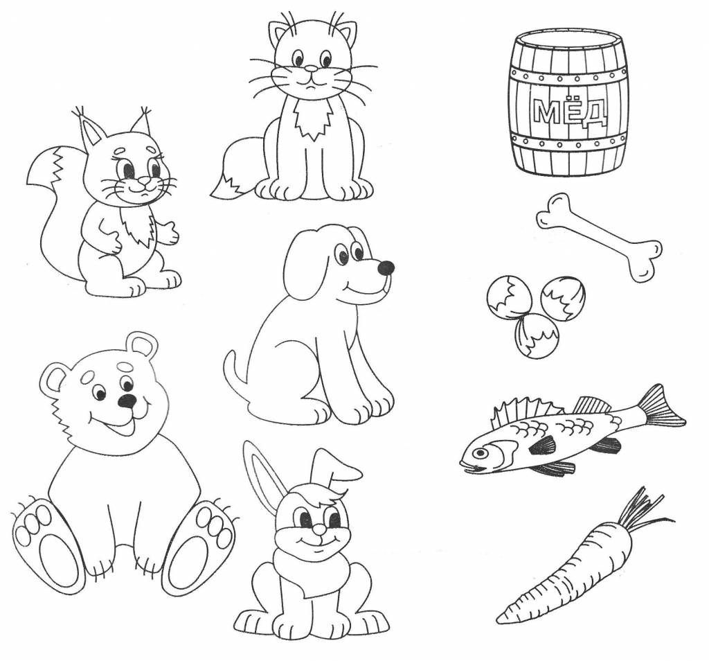 Раскраски для детей. Кто что ест? Обучающие раскраски. Еда.  