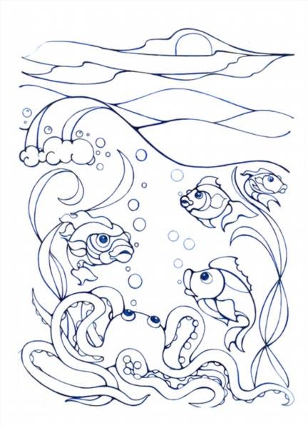 Раскраски для детей морской пейзаж. Морская вода. Морские обитатели.