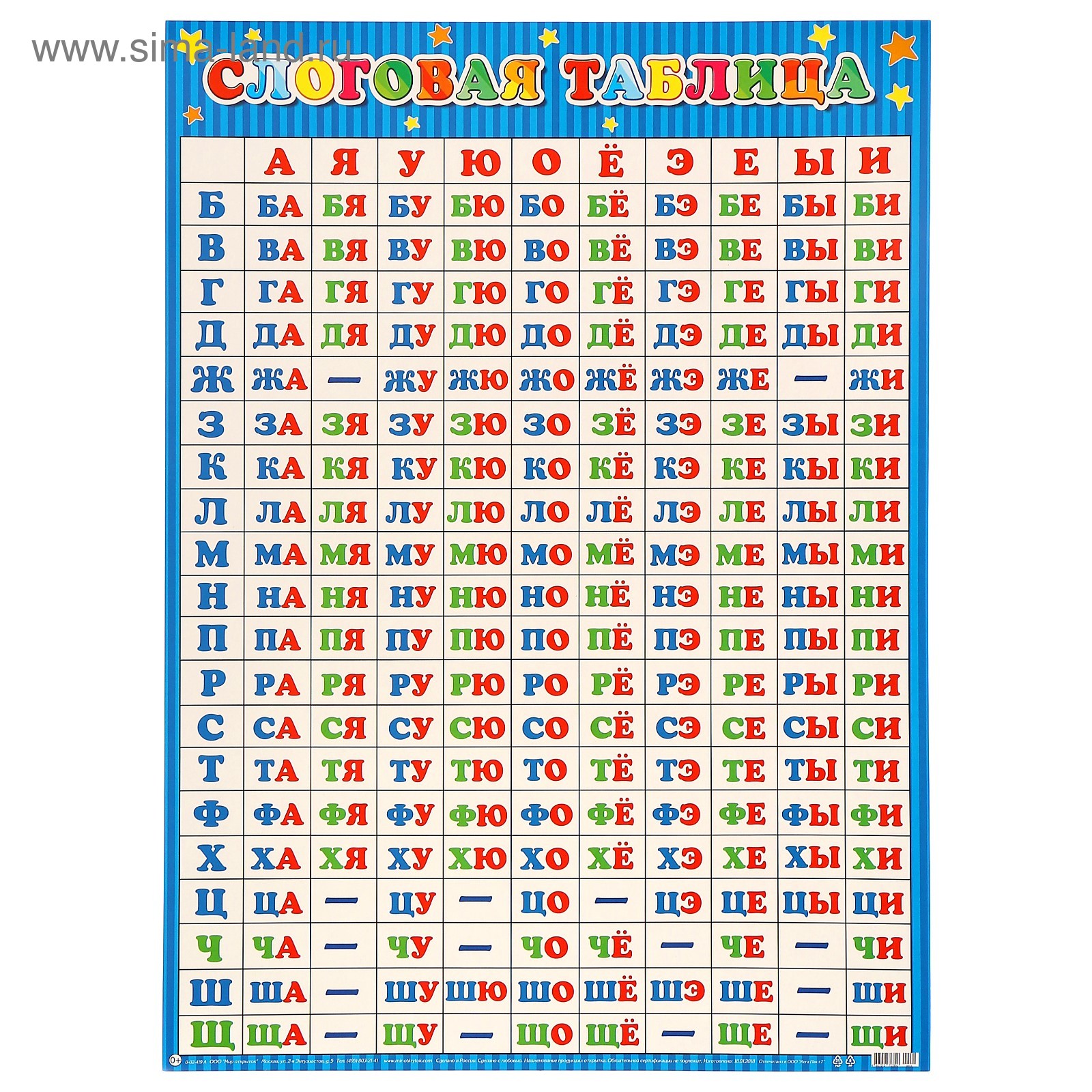 Слоговая таблица скачать и распечатать